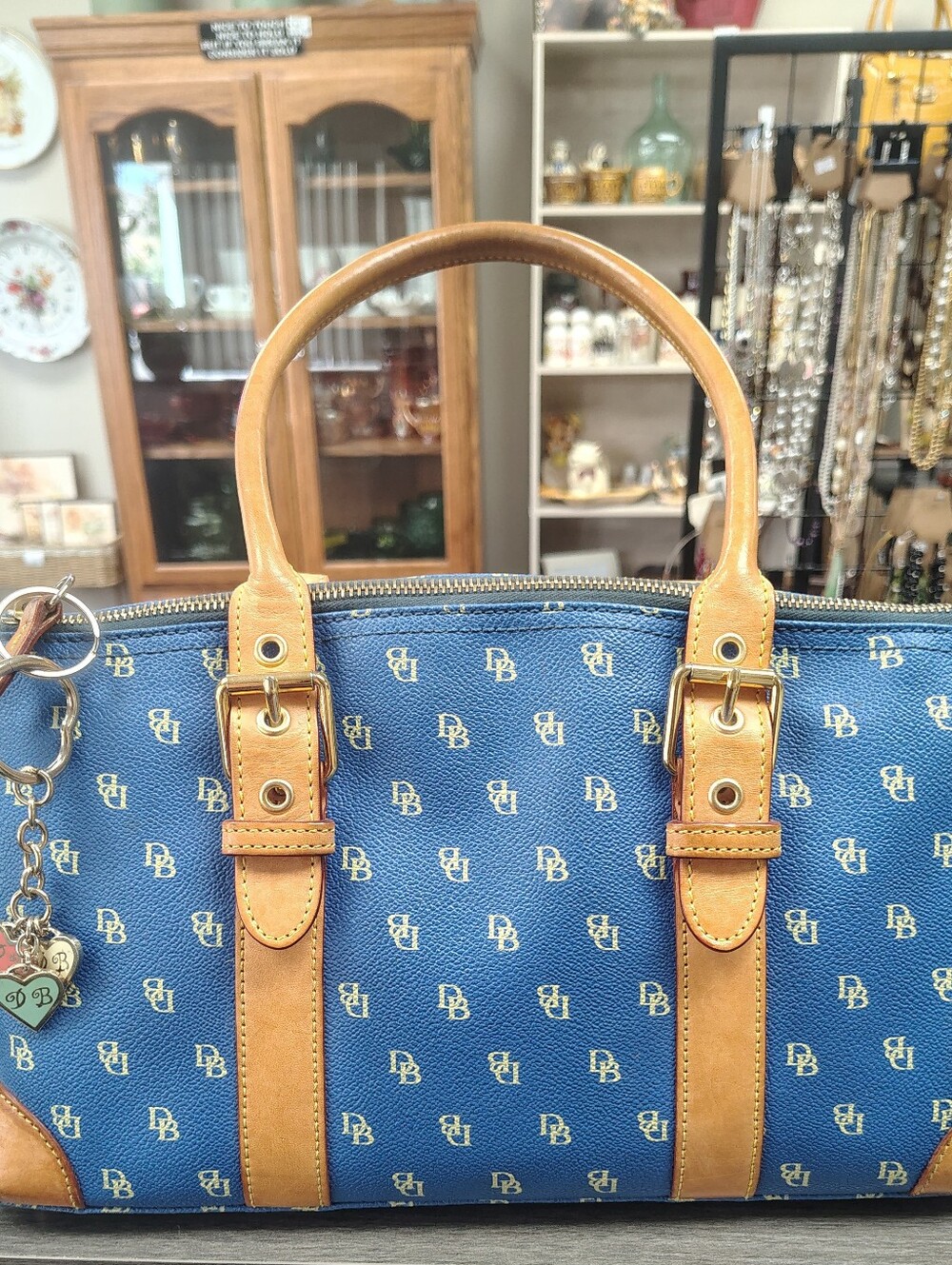 Dooney & Bourke Blue Logo Satchel with Tan Leather Trim